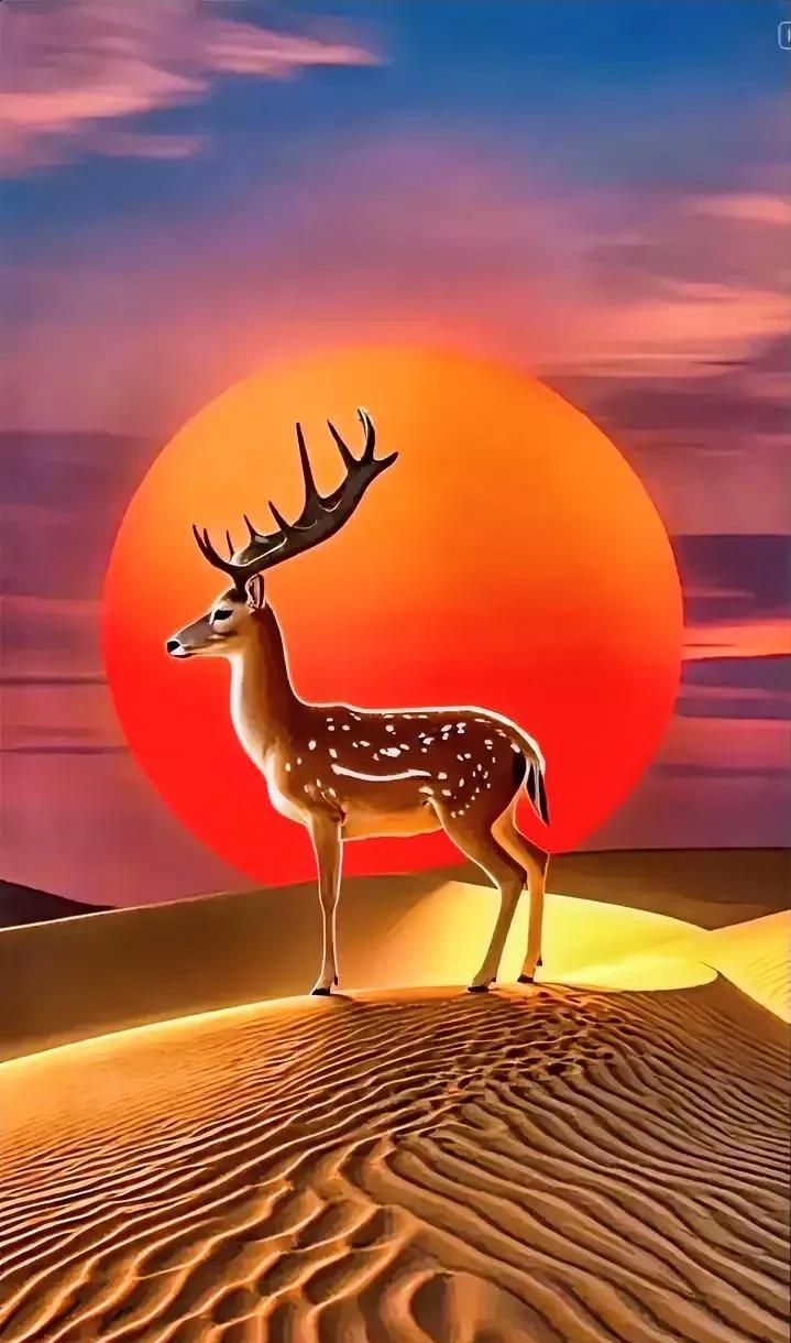 沙漠中的鹿，夕阳下的剪影，唯美如画。