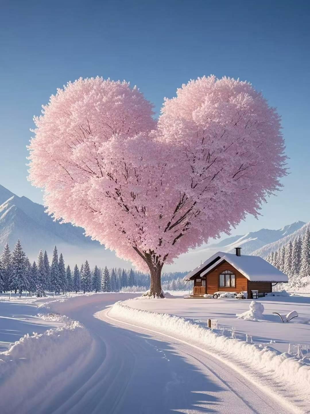 粉色的心树在雪地中绽放，浪漫冬日景色