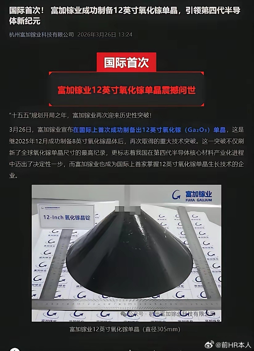 中国雷达在物理要领先美国两代了！3月26日，富加镓业宣布在国际上首次成功制备出1