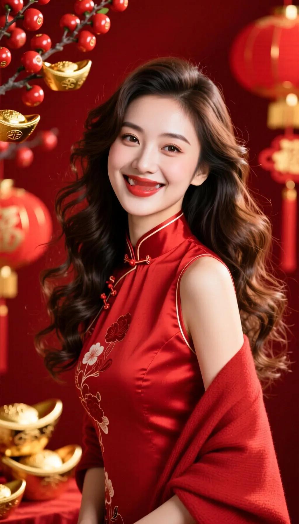 新年快乐！红衣美人笑靥如花，福气满满！🎉💃🏻
