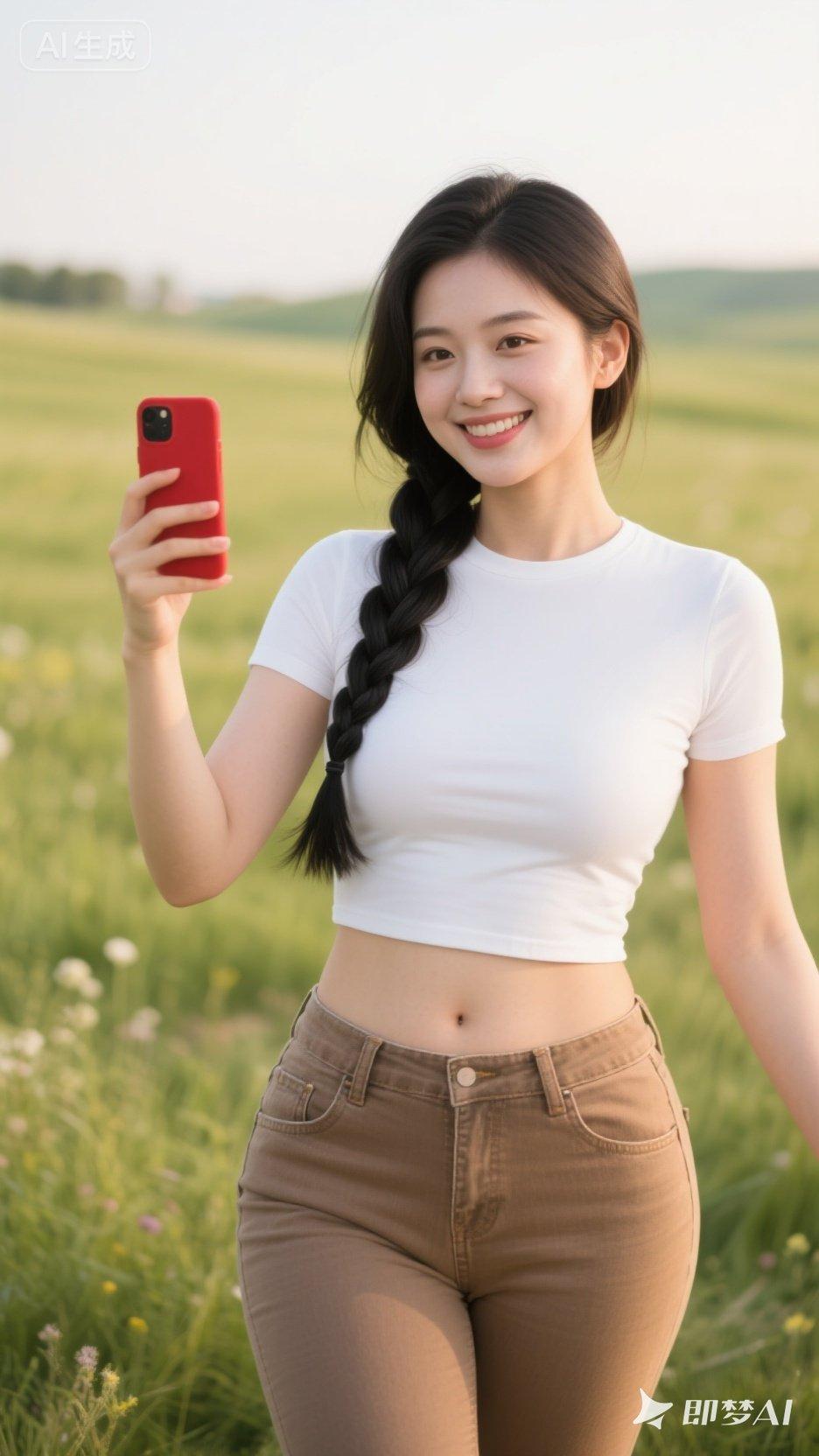 阳光下的甜美自拍，白色上衣与棕色牛仔裤的完美搭配，少女心满满！🌞💕
