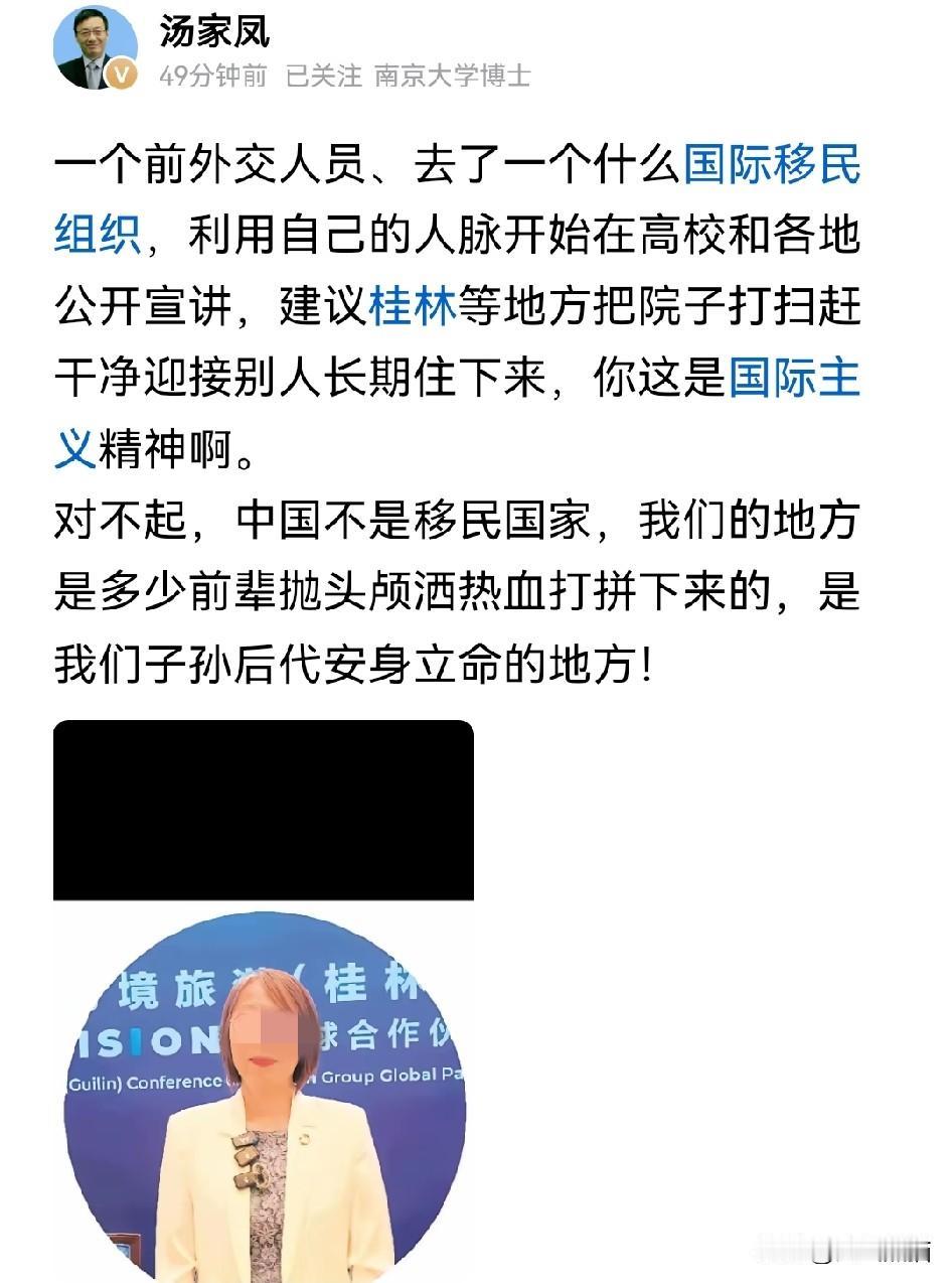 汤家凤呼吁，别拿移民那些套路来硬套咱们！最近有个在国际移民组织工作的人员到处宣