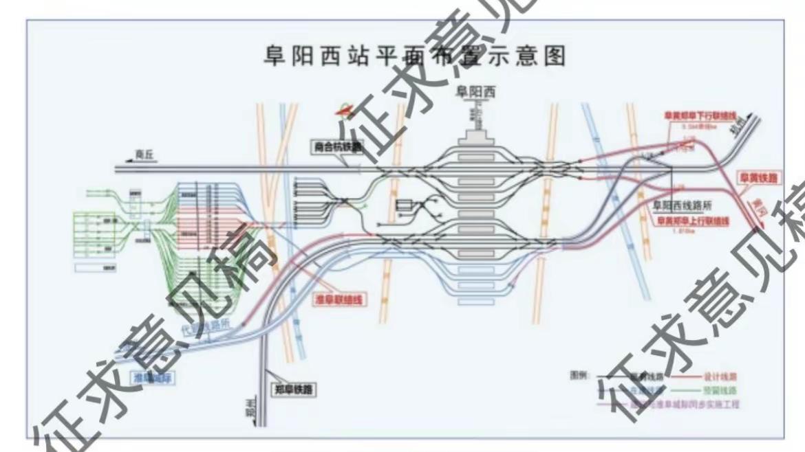 青岛至武汉高铁阜黄段环评公示。阜阳西枢纽以及阜南站示意图