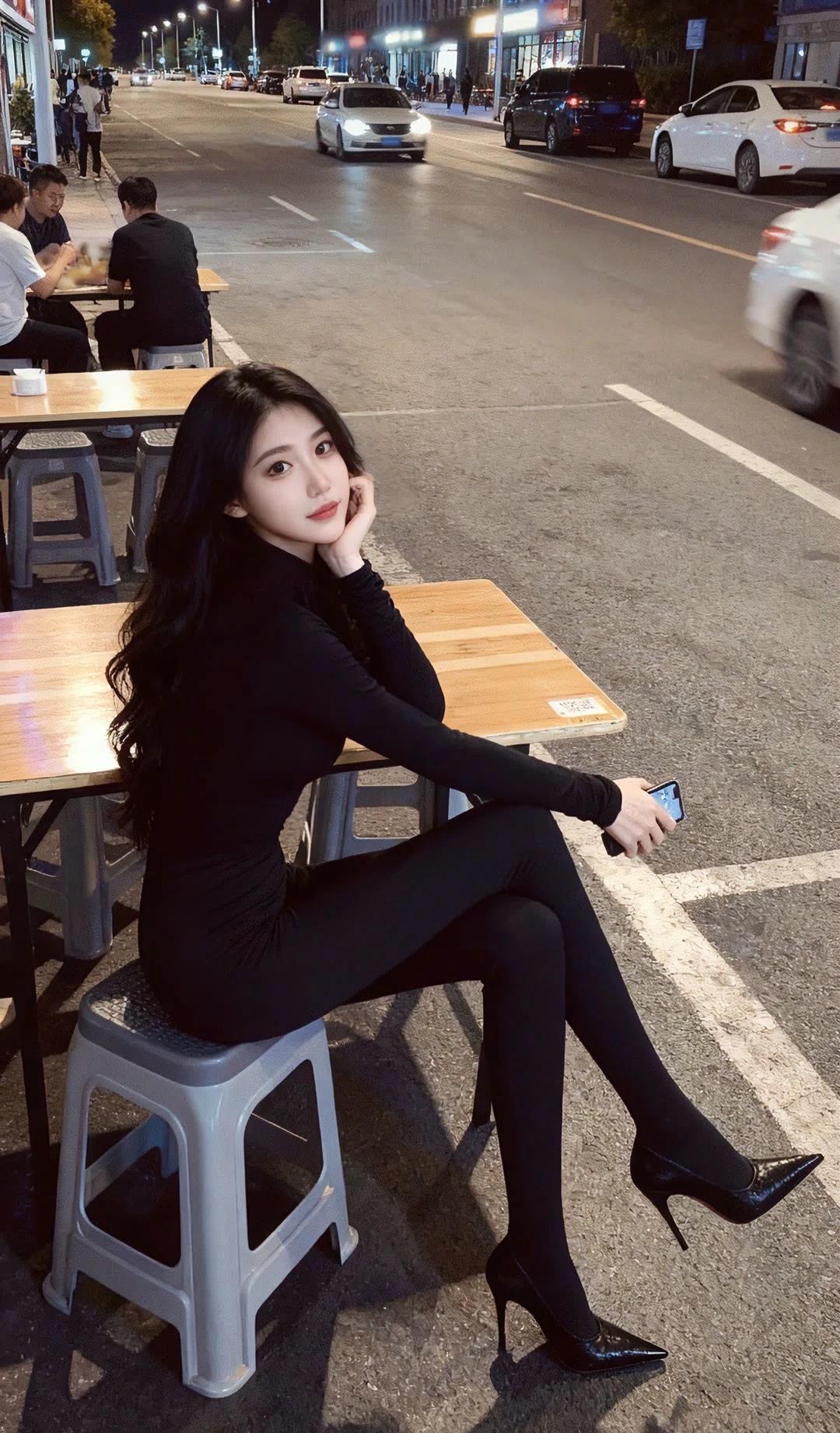 夜晚街头的时尚秘书，黑衣黑裤高跟鞋，手机相伴，尽显都市魅力。