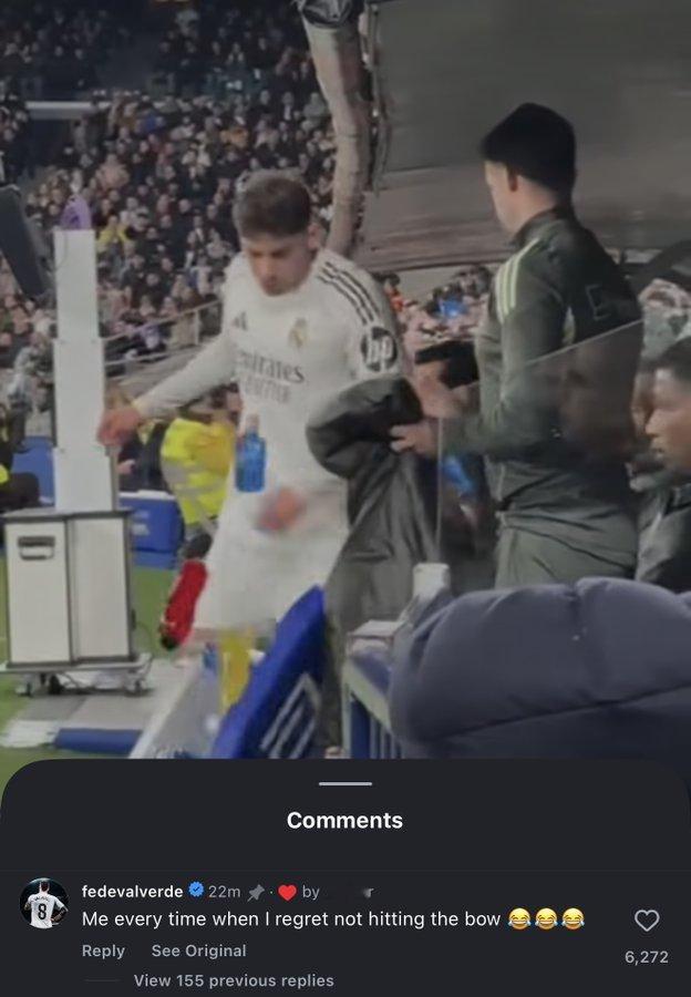 巴尔韦德回应了他在替补席上踢东西的视频：“每次我后悔没有射门的时候😂😂😂