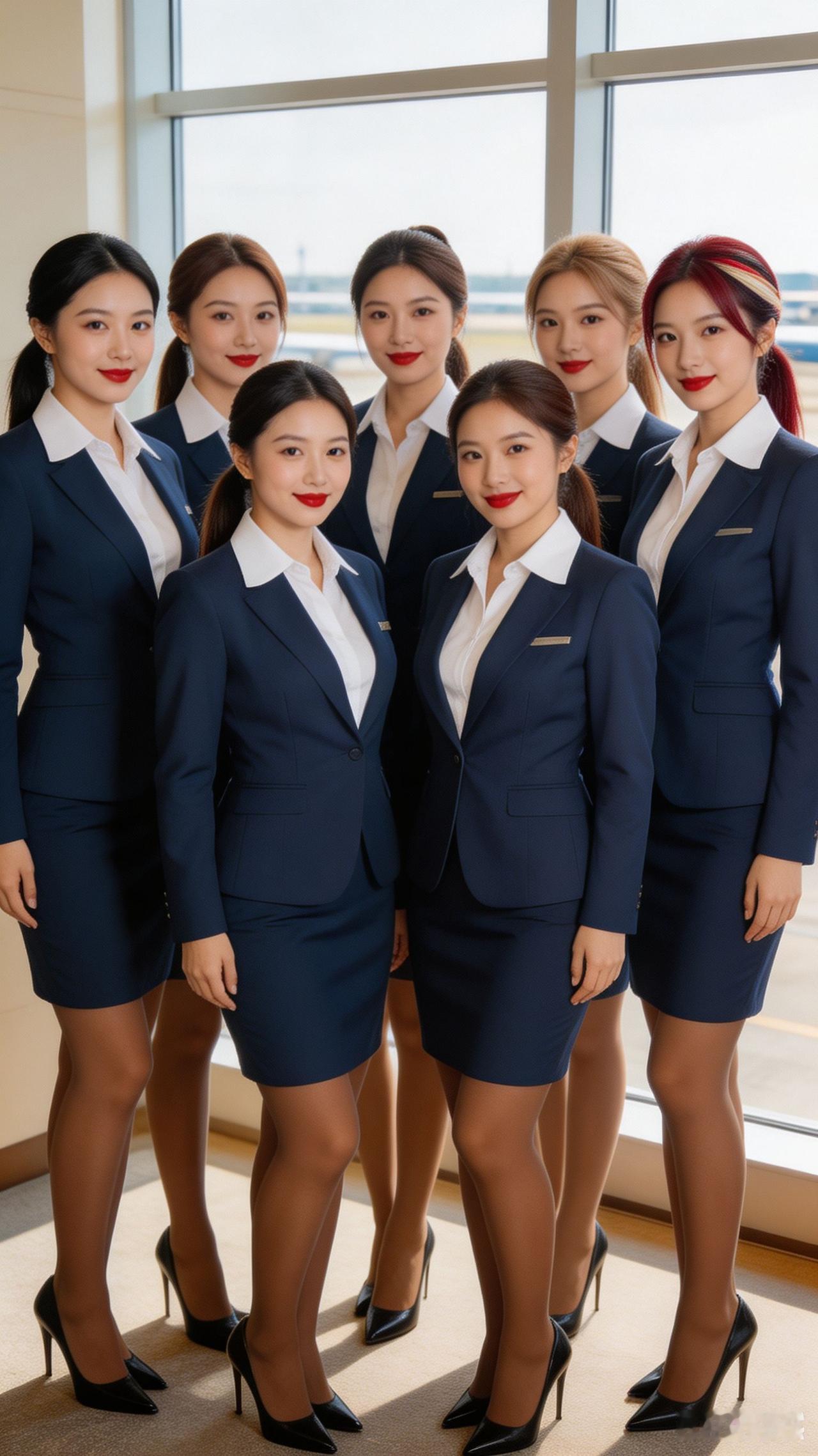 空乘群芳合影晴空之下，制服映衬娇容，诸位各展风姿，韵致不同。轻梳马尾，眉眼秀