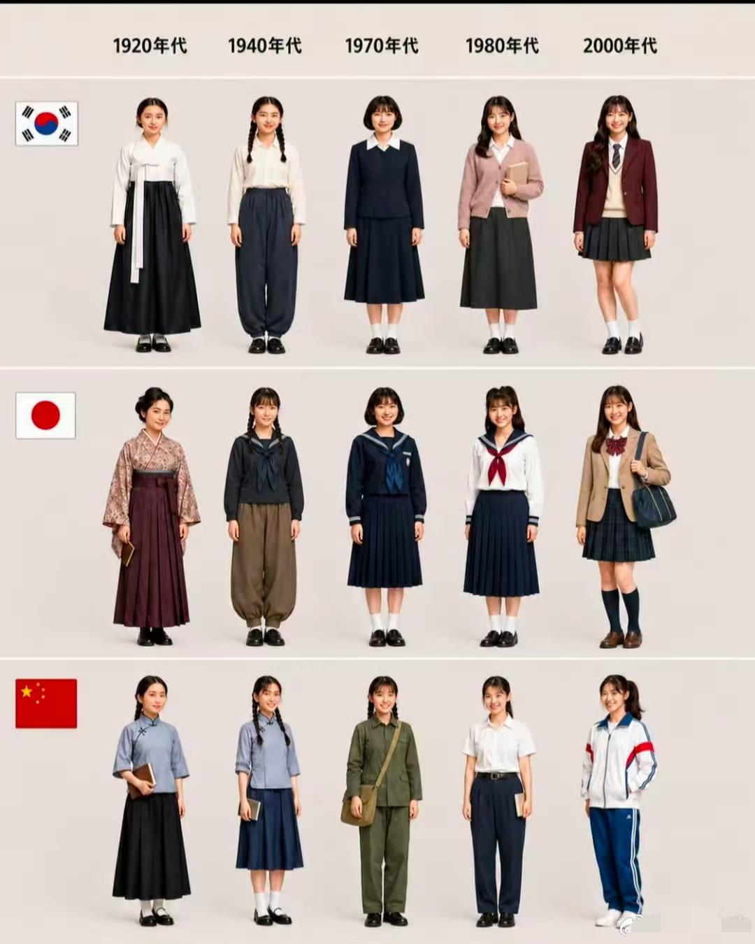 韩国网友制作了中日韩90年代到现在的女生校服对比图，对比日韩西式校服，中国校服更