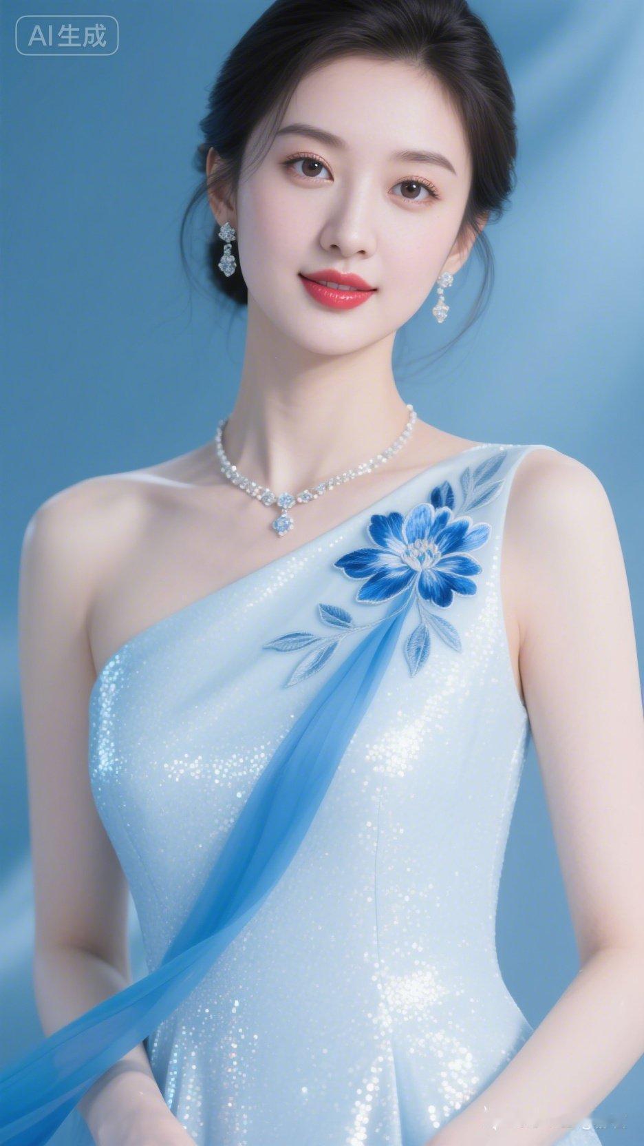 绝美女子肌肤凝脂如玉水润透亮，眼眸深情灵动。着浅蓝光子刺绣长裙配蓝飘带与精致首饰