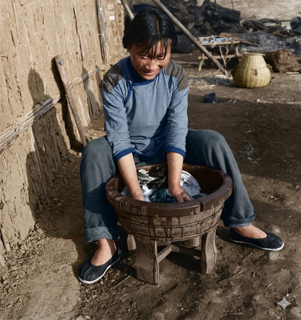 民国时期，照片中年轻乡村女性，穿着打有补丁的粗布上衣与长裤，裤脚卷起，脚上是朴素