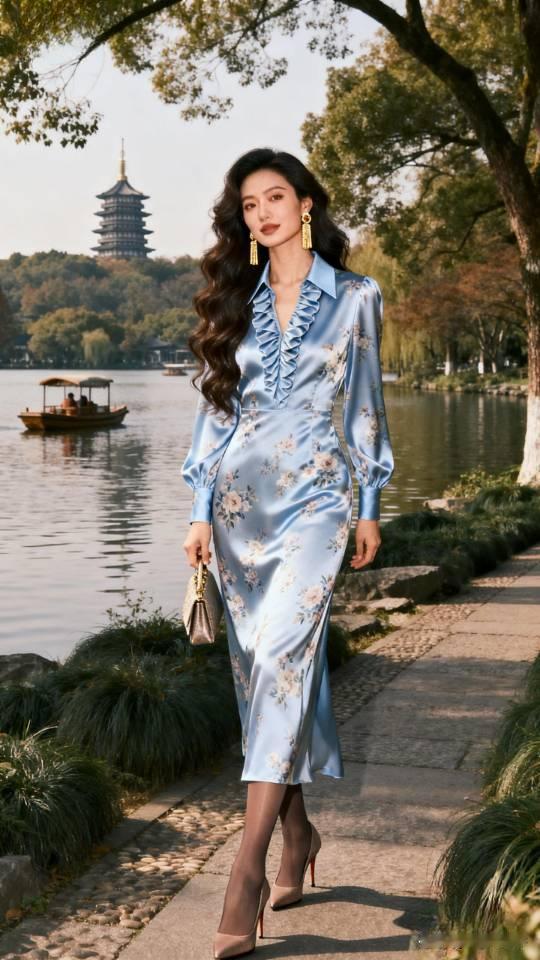 优雅漫步在湖畔，浅蓝色连衣裙与自然景色相得益彰。连衣裙美女壁纸