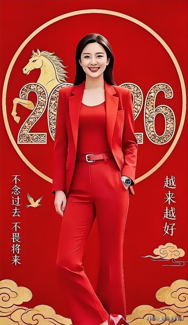 这位年轻的小姐姐身着红色套装，背后的装饰尽显2026年的风格。红色减龄穿搭红色