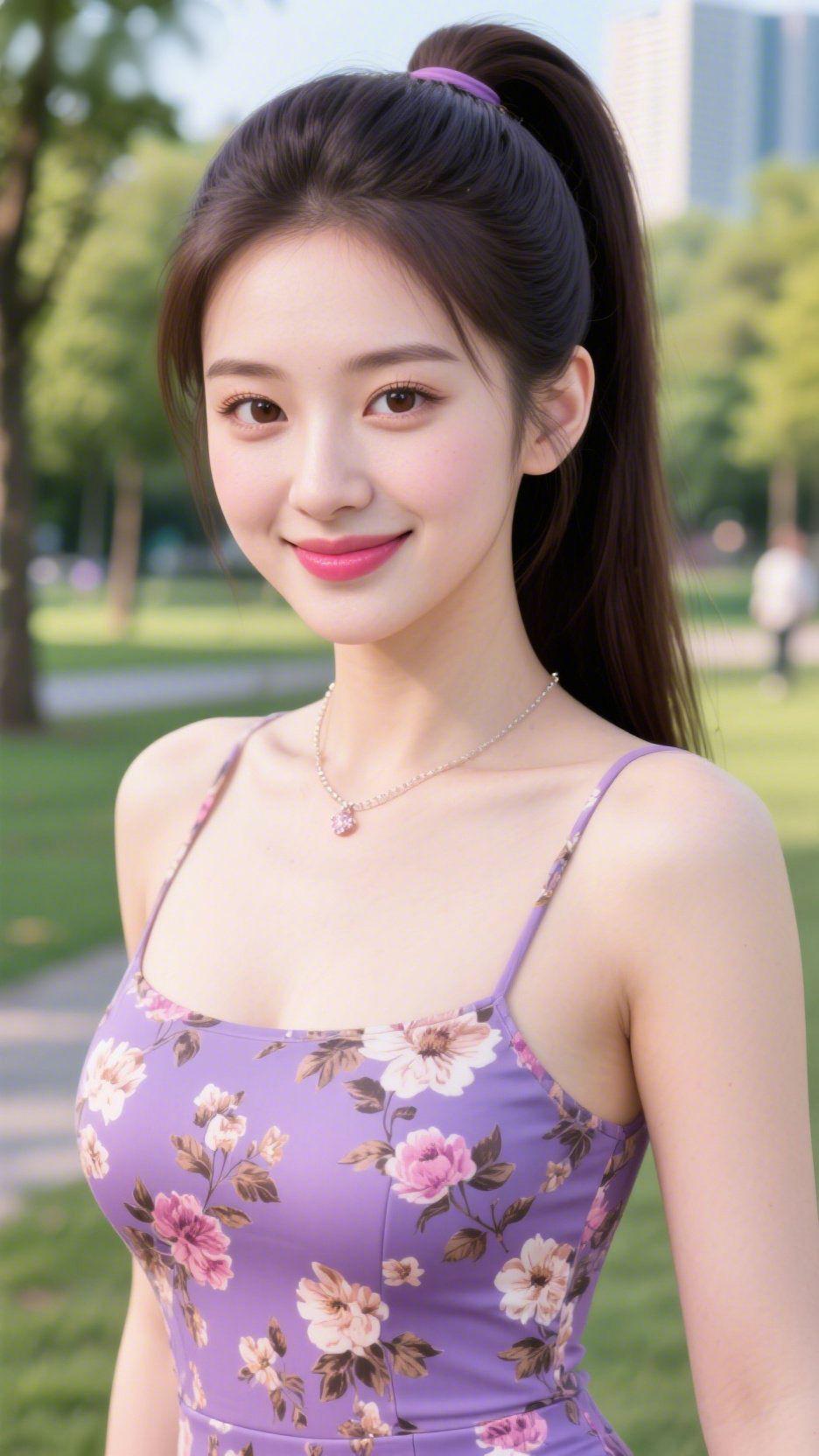 《紫裙栖夏光》公园的风裹着草木香漫过，她高束的发尾轻晃，接住了跳脱的光斑。