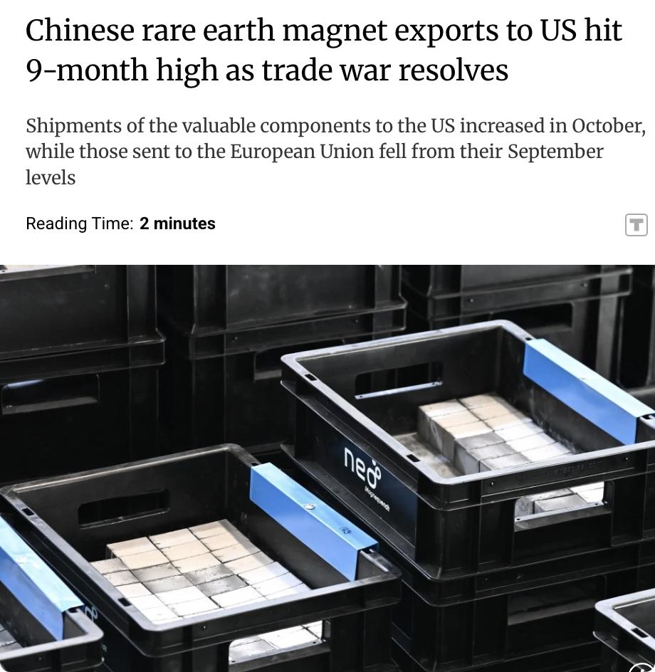 外媒：2025年10月，中国对美国的稀土永磁体出口量达到9个月以来的最高水平，出