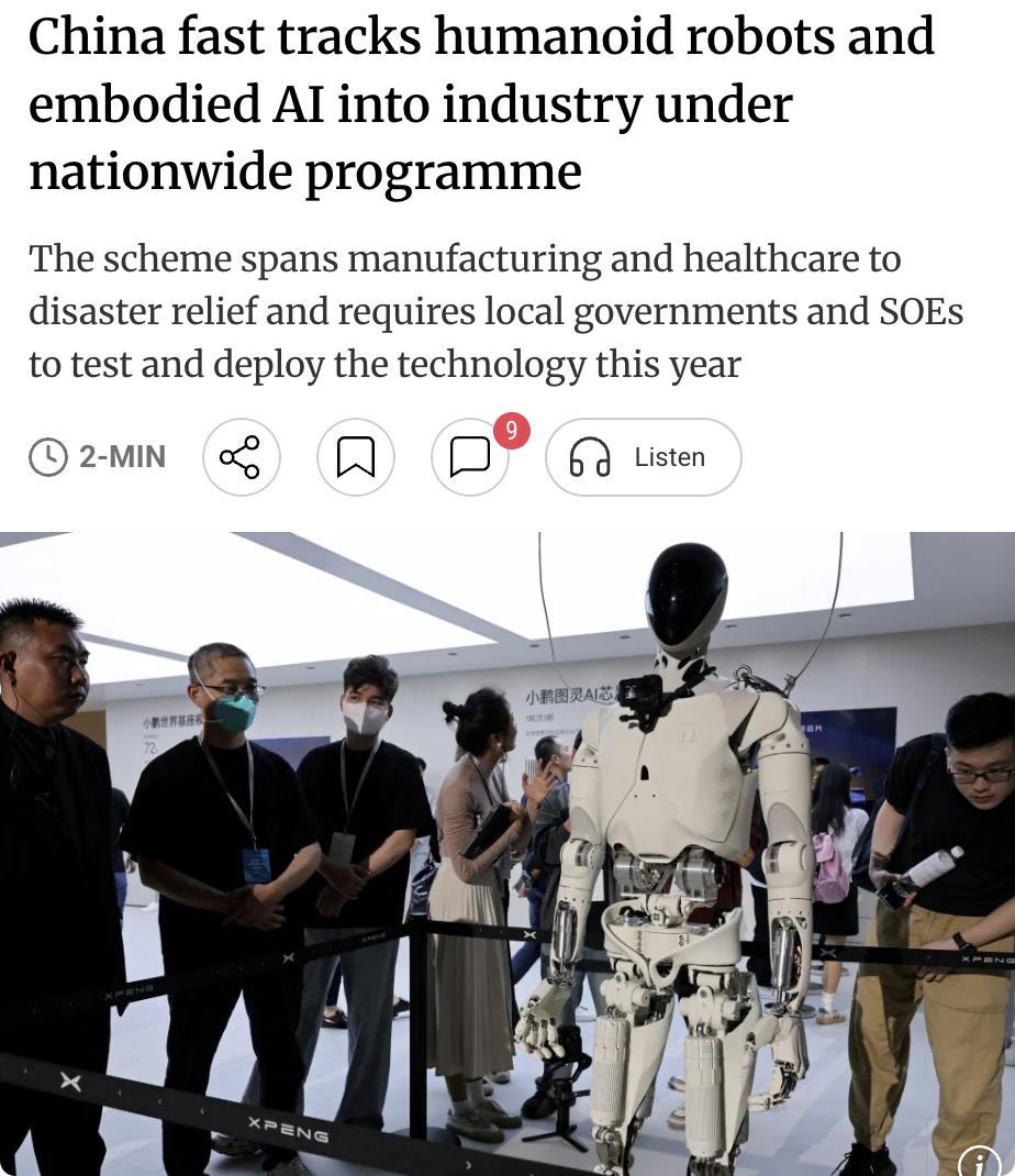 外媒：中国正通过一项全国性计划加速推动人形机器人及具身智能AI从表演展示转向工业