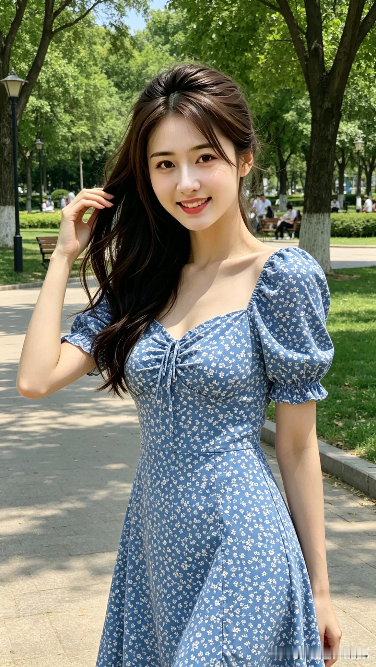 夏天的风、公园的树，和穿着蓝碎花裙的她，凑成了最舒服的画面。她站在树荫下，笑容