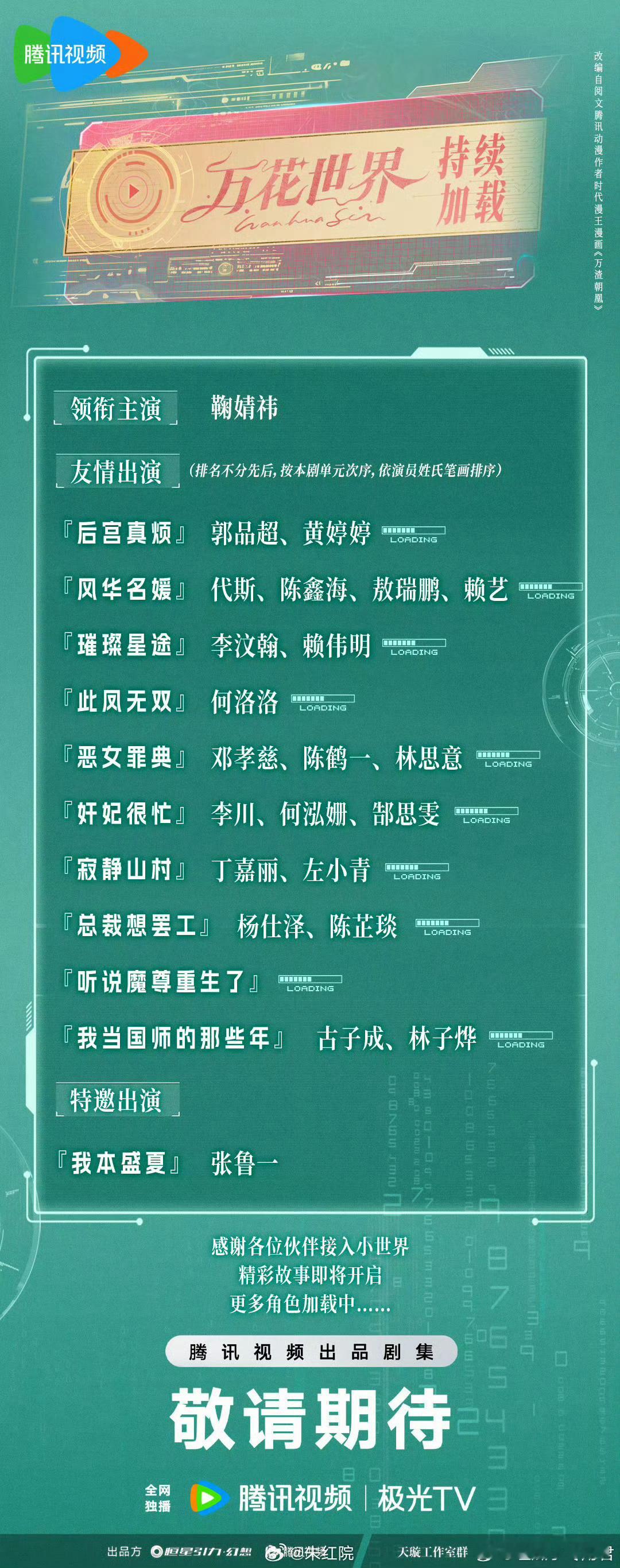 腾讯奇幻剧《万花世界》官宣阵容领衔主演：鞠婧祎友情出演：『后宫真烦』郭品超、黄婷