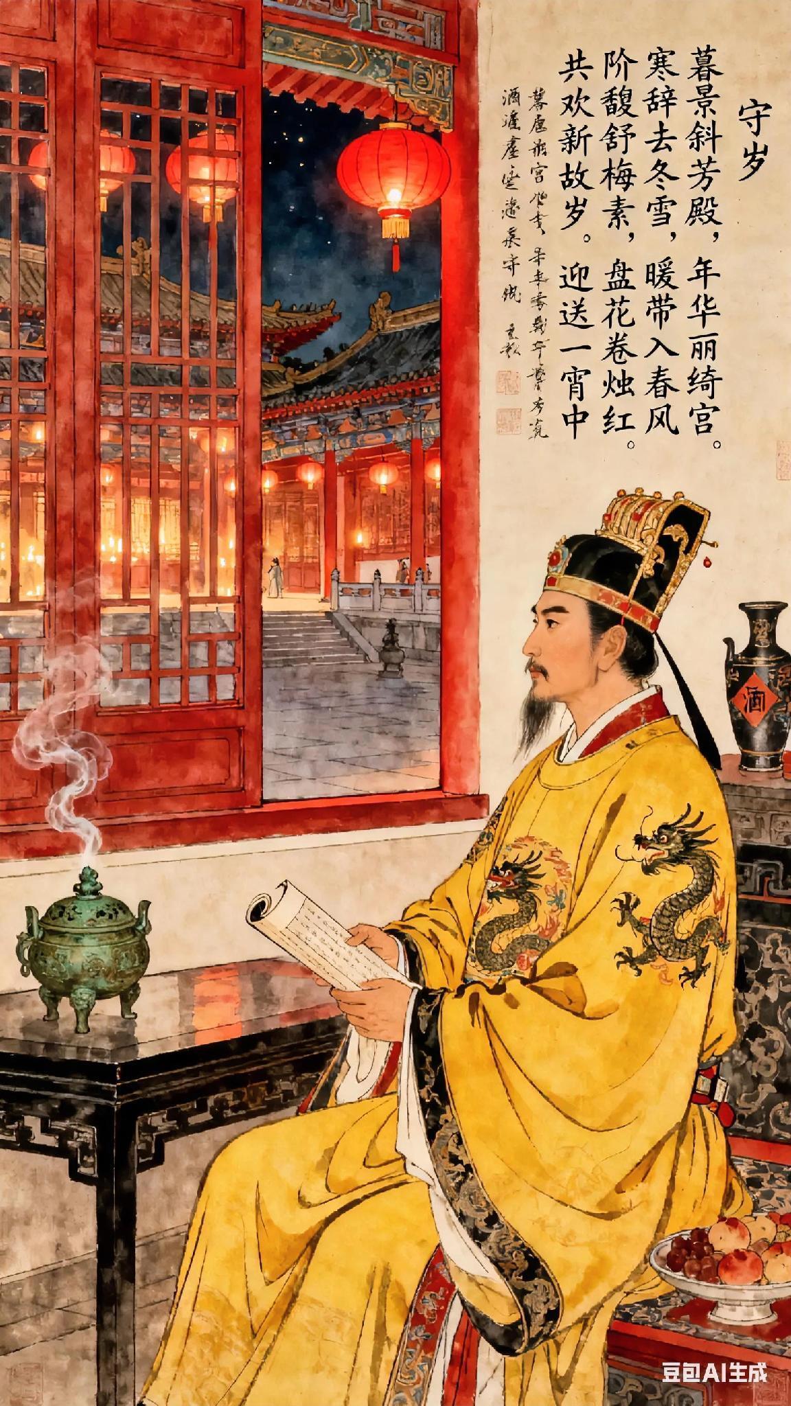 《守岁》唐、李世民。暮景斜芳殿，年华丽绮宫。寒辞去冬雪，暖带入春风。阶