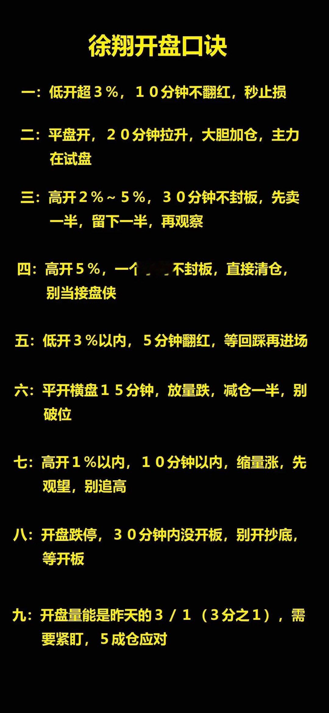 徐翔开盘口诀一：低开超３％，１０分钟不翻红，秒止损二：平盘开，２０分钟拉升，大胆