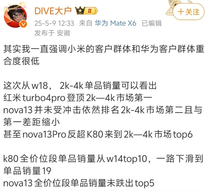 其实我一直强调小米的客户群体和华为客户群体重合度很低这次从w18，2k-4k