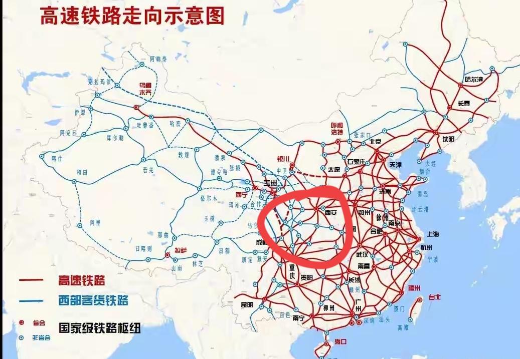 国家级高铁走向示意图中，川陕甘结合部的铁路规划还是集中在客货共线使用，像规划的兰