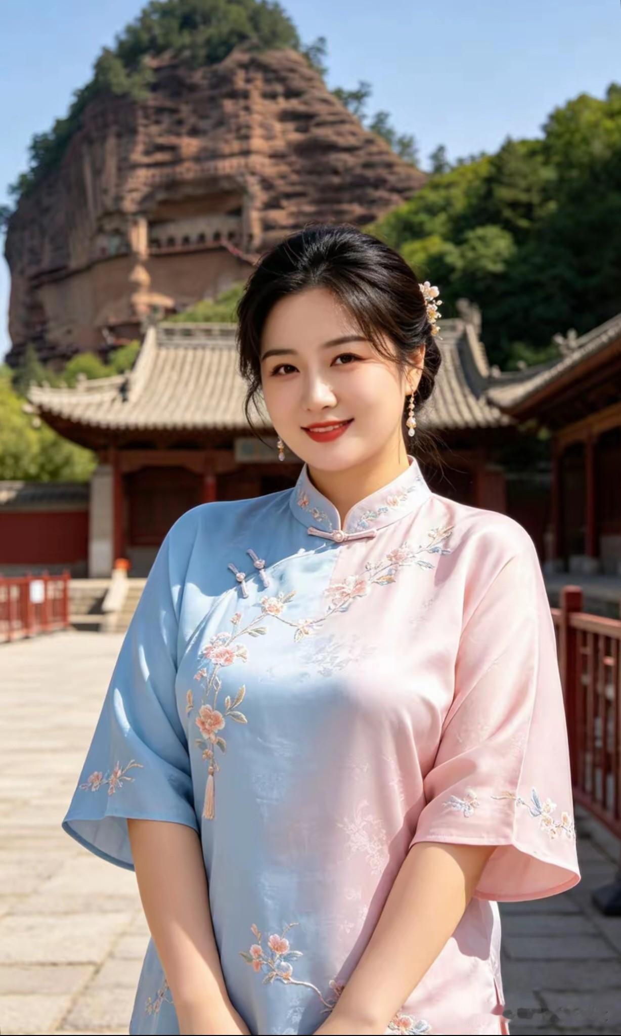 浅粉轻蓝绣锦裳，嫣然一笑立阶旁。青山古寺相辉映，人伴晴光韵自长。【絮语】：