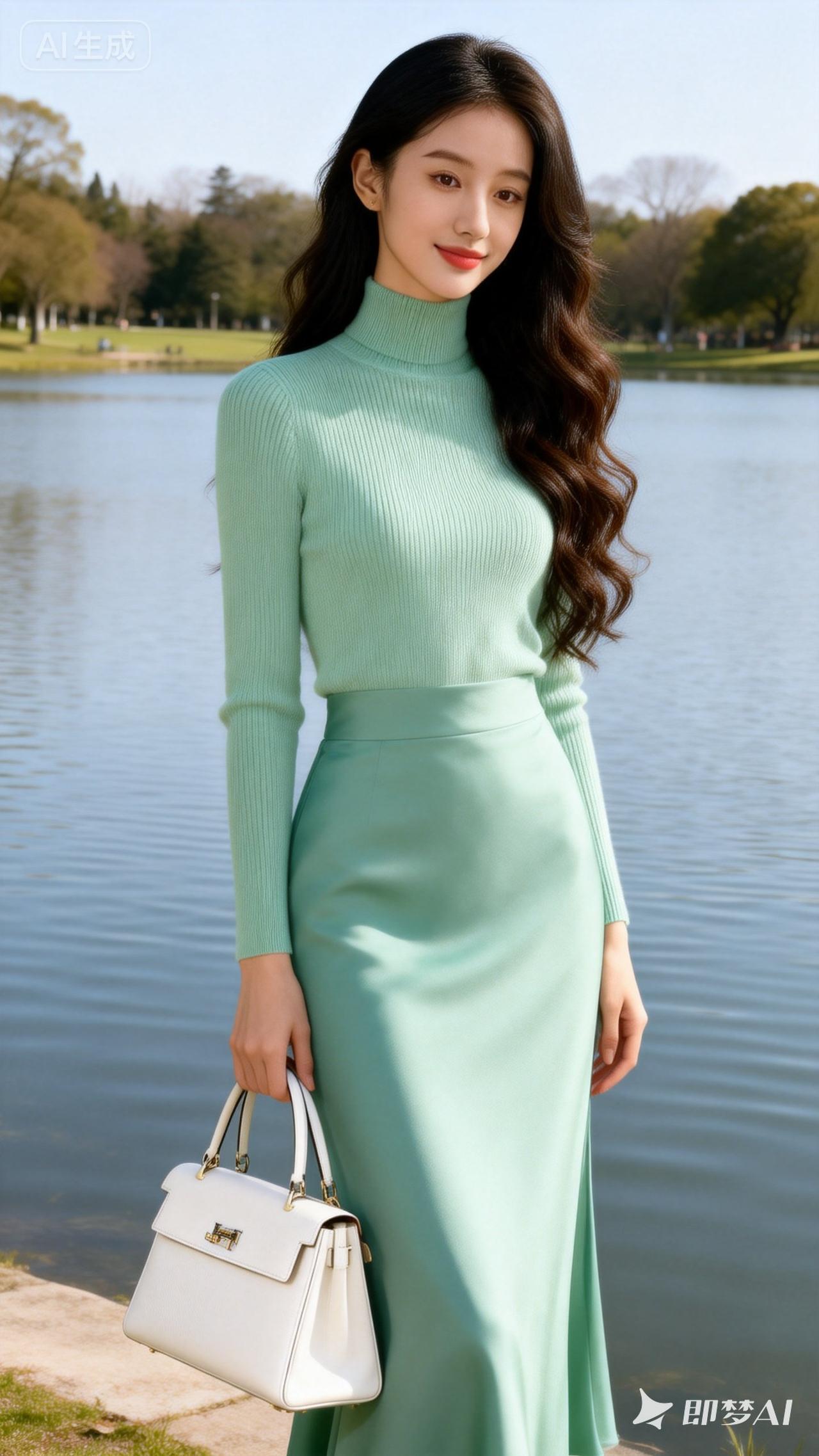 清新薄荷绿穿搭，优雅气质满满！🌿👗👜