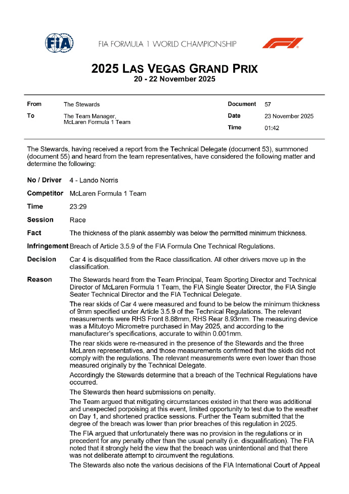官方: 因底板磨损违规, 迈凯伦在F1拉斯维加斯站被判双车DSQ