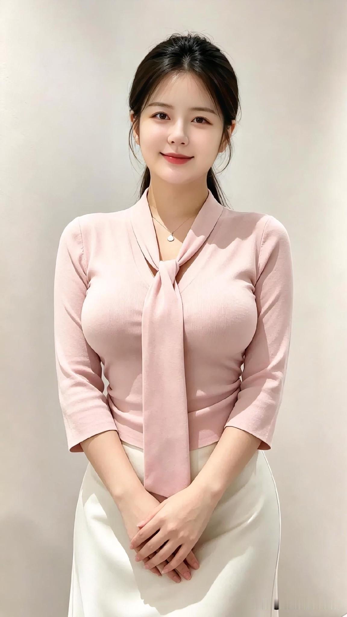 柔粉飘带衬衫配白色长裙，温婉笑容如春风拂面，简约优雅中尽显知性魅力与恬静之美。