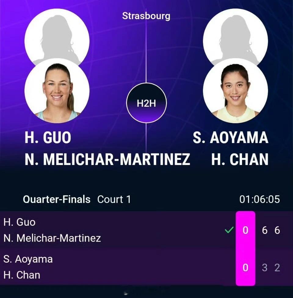 斯特拉斯堡WTA500双打1/4决赛郭涵煜🇨🇳/梅里查尔🇺🇸以6-3/6