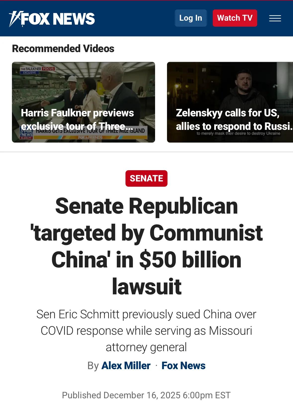 反击！中国反诉美国参议员据福克斯新闻，中国方面在武汉中级人民法院对美国密苏里