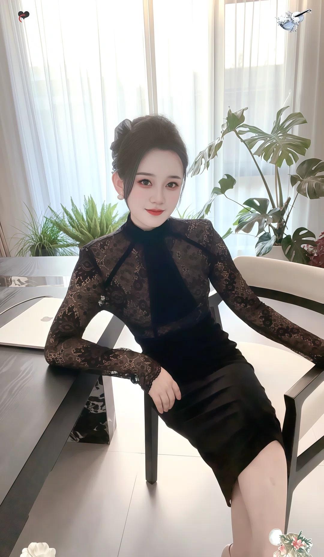 优雅黑裙，精致妆容，都市女性风范。