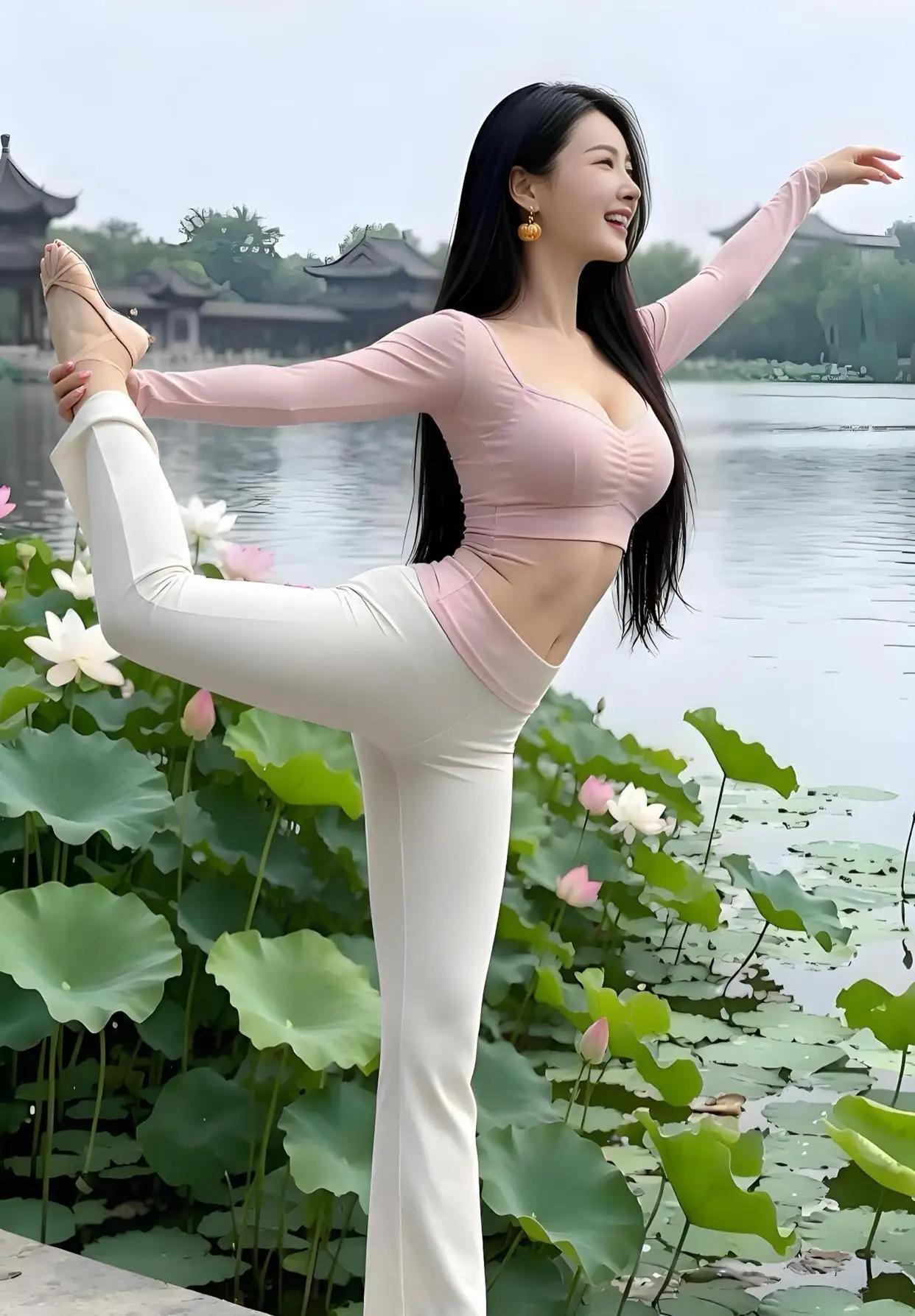 河边荷花清香，美女舞动起来飘香。