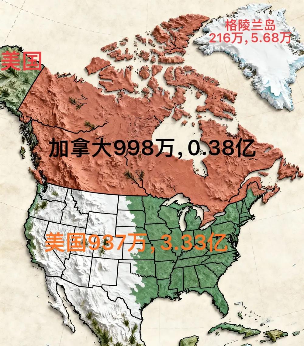 美国加上格陵兰岛，面积依然不够成为全球第一。格陵兰岛的面积有216万平方公里