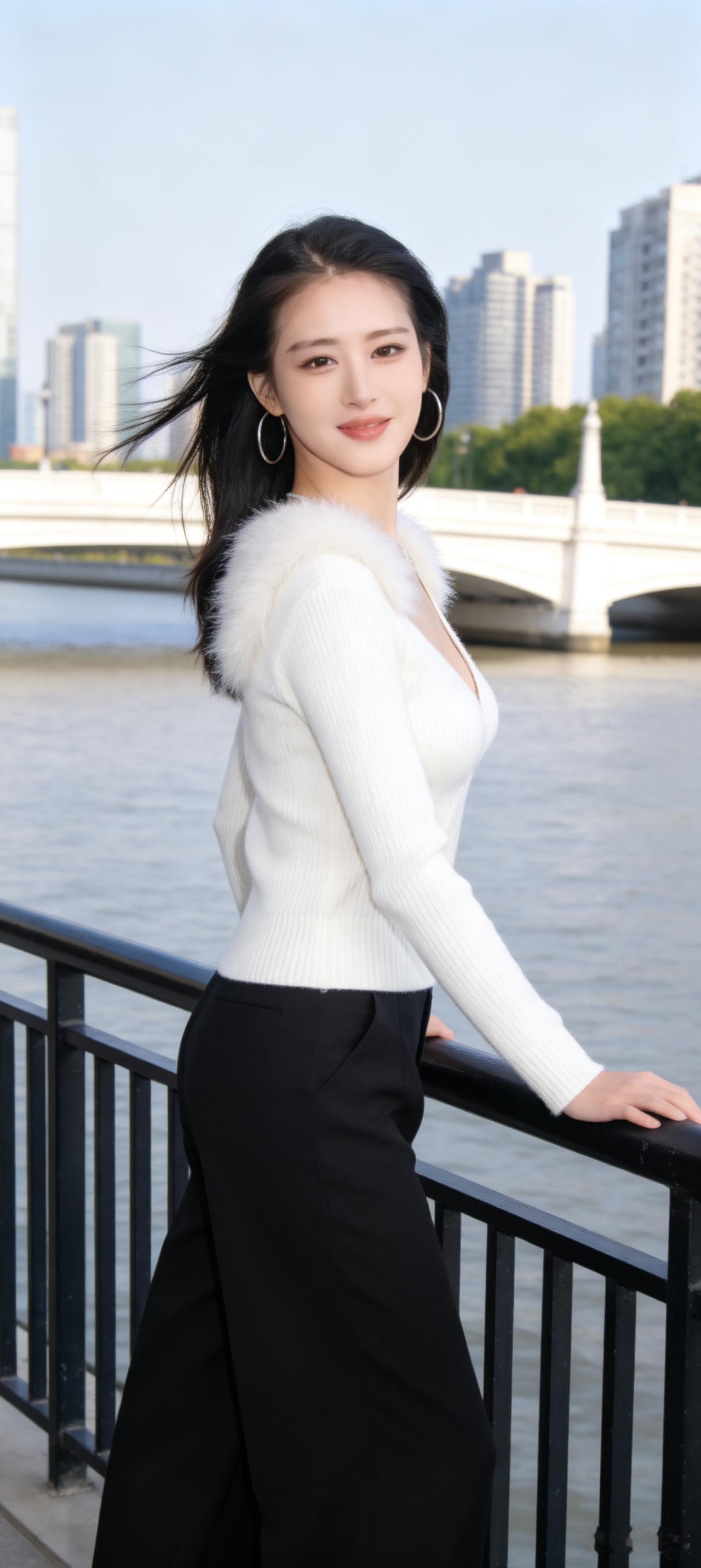 都市女孩的优雅穿搭，白色毛衣搭配黑色长裤，时尚又舒适！