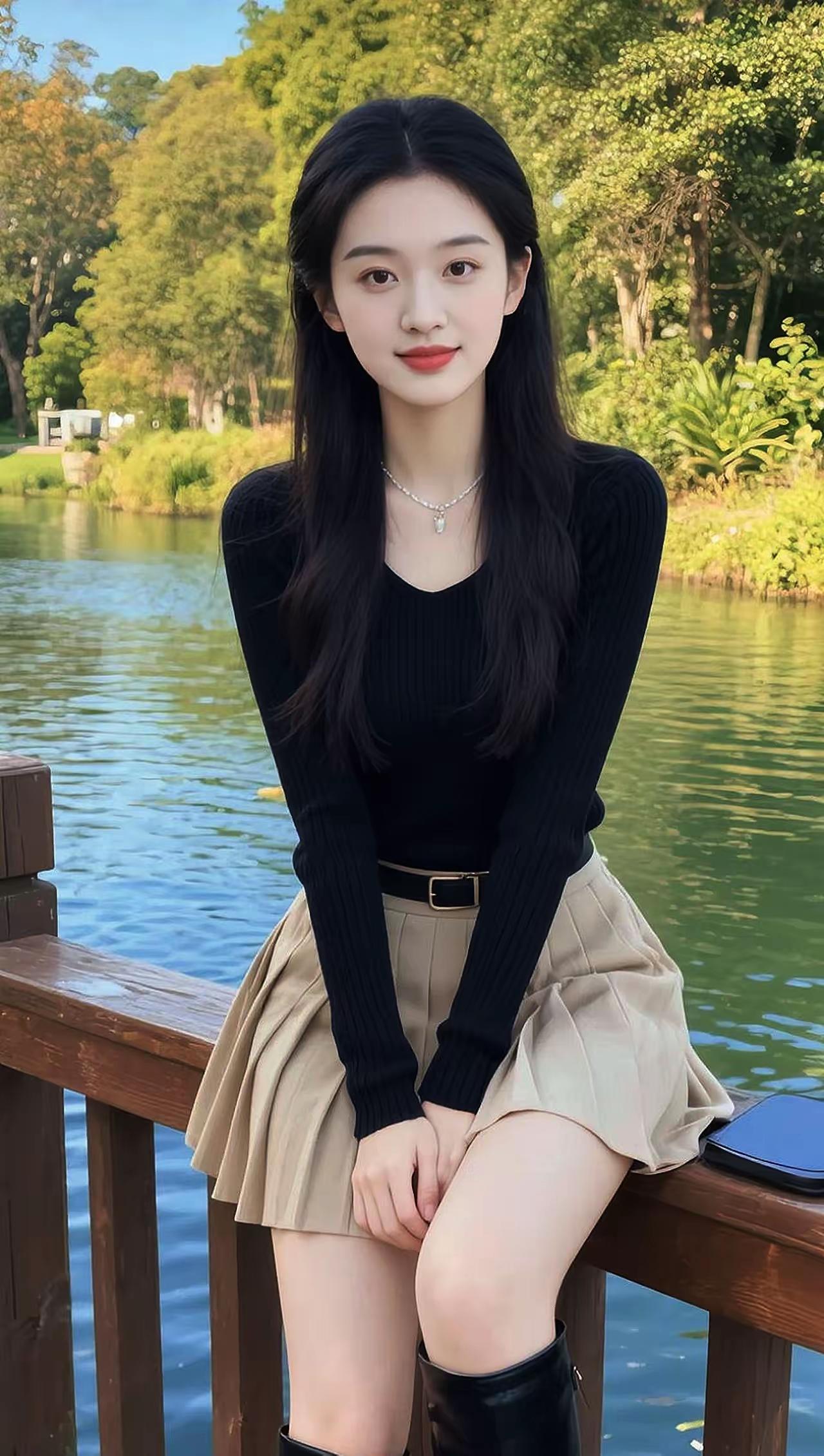 在湖边享受宁静时光，黑毛衣与米色裙子的完美搭配，尽显优雅与自然之美。🍃💕记录