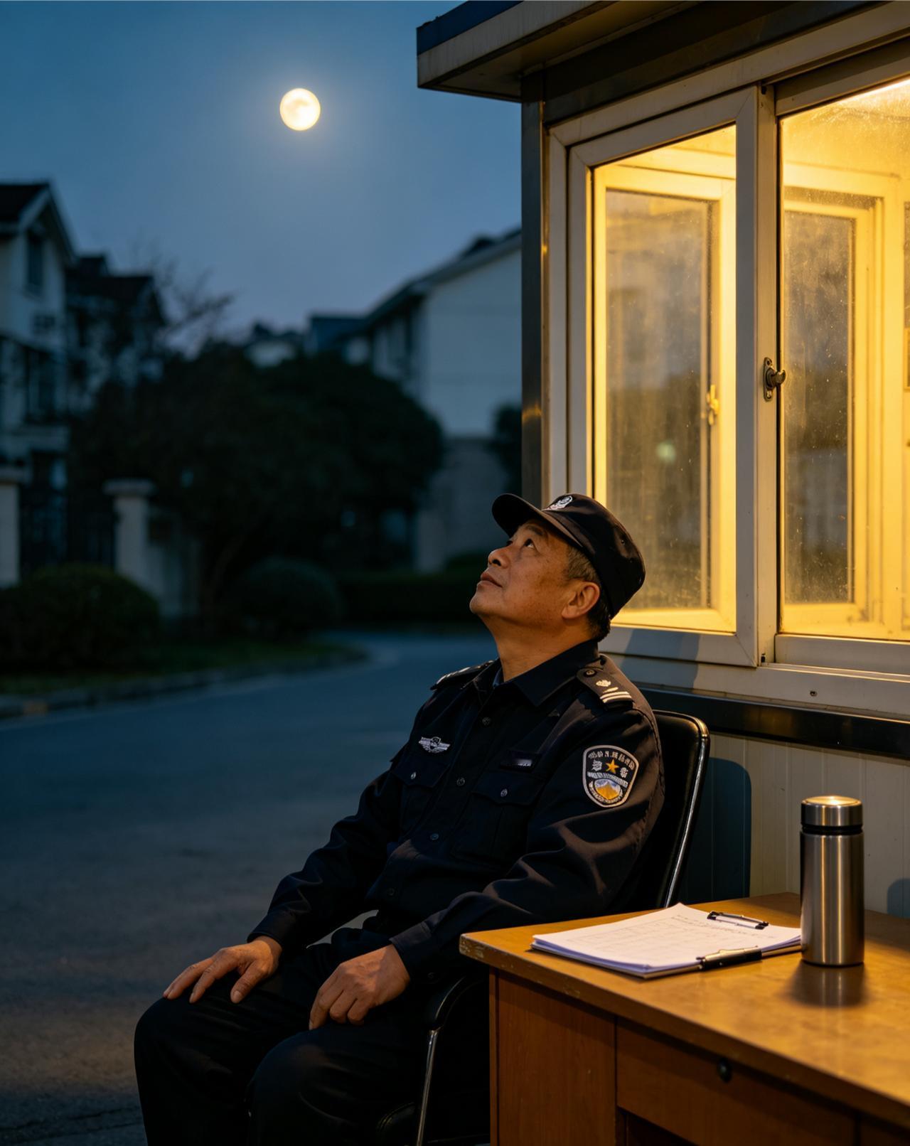 楼下的保安老刘，值夜班时总爱一个人抬头望天。我晚归路过岗亭，随口问他在看什