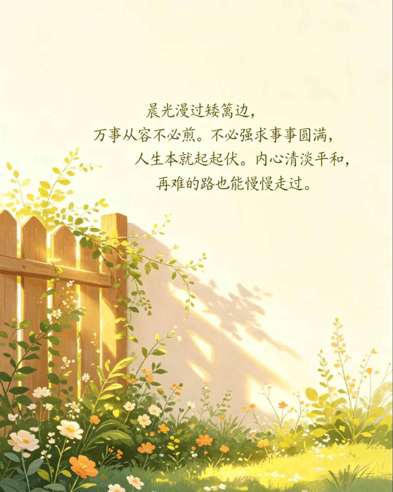 万事从容不必焦急不必强求事事圆满，人生本就起起伏伏。内心清淡平和，再难的路也能慢