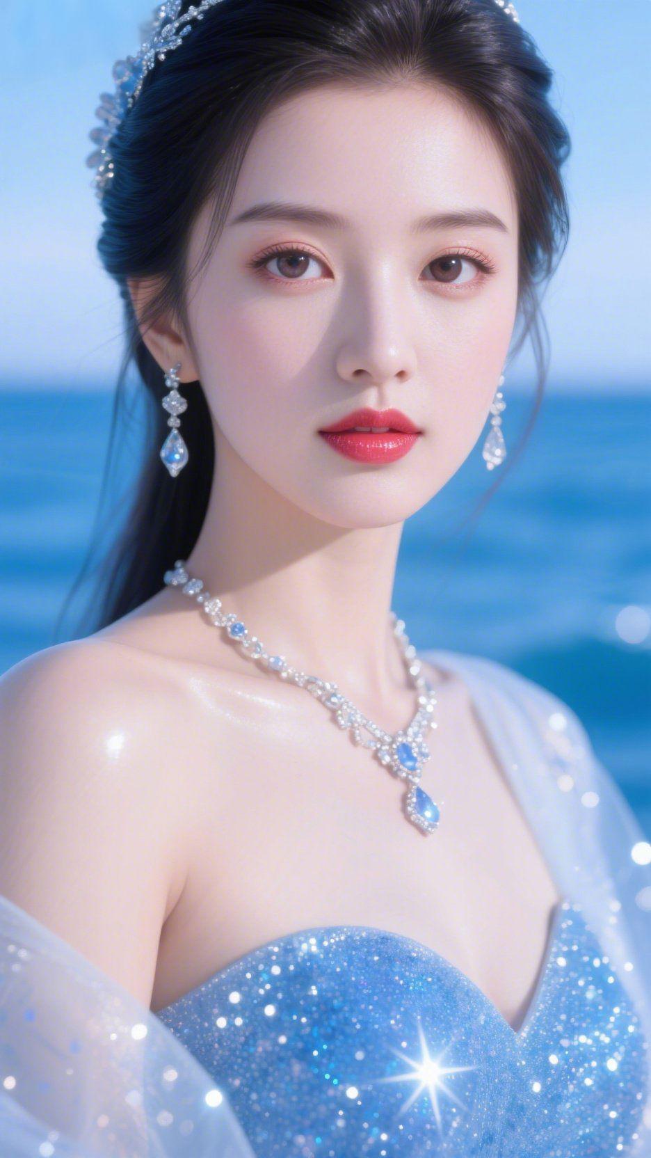 海与蓝星光海风漫过肩头，揉碎了整片深海的蓝，坠在裙裾上的星光，与海面的波光