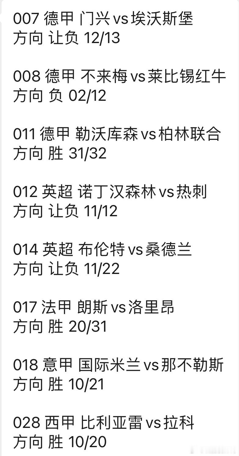 诚嘉今日扫盘⬇️⬇️⬇️007德甲门兴vs埃沃斯堡方向让负12/13008德甲不来梅vs莱比锡红牛方
