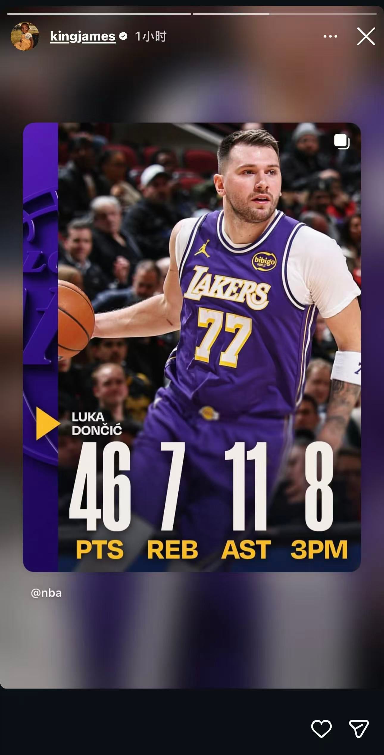 老詹更新IG动态，晒出东契奇今天数据46分11助攻7篮板8记三分，77最近的打法