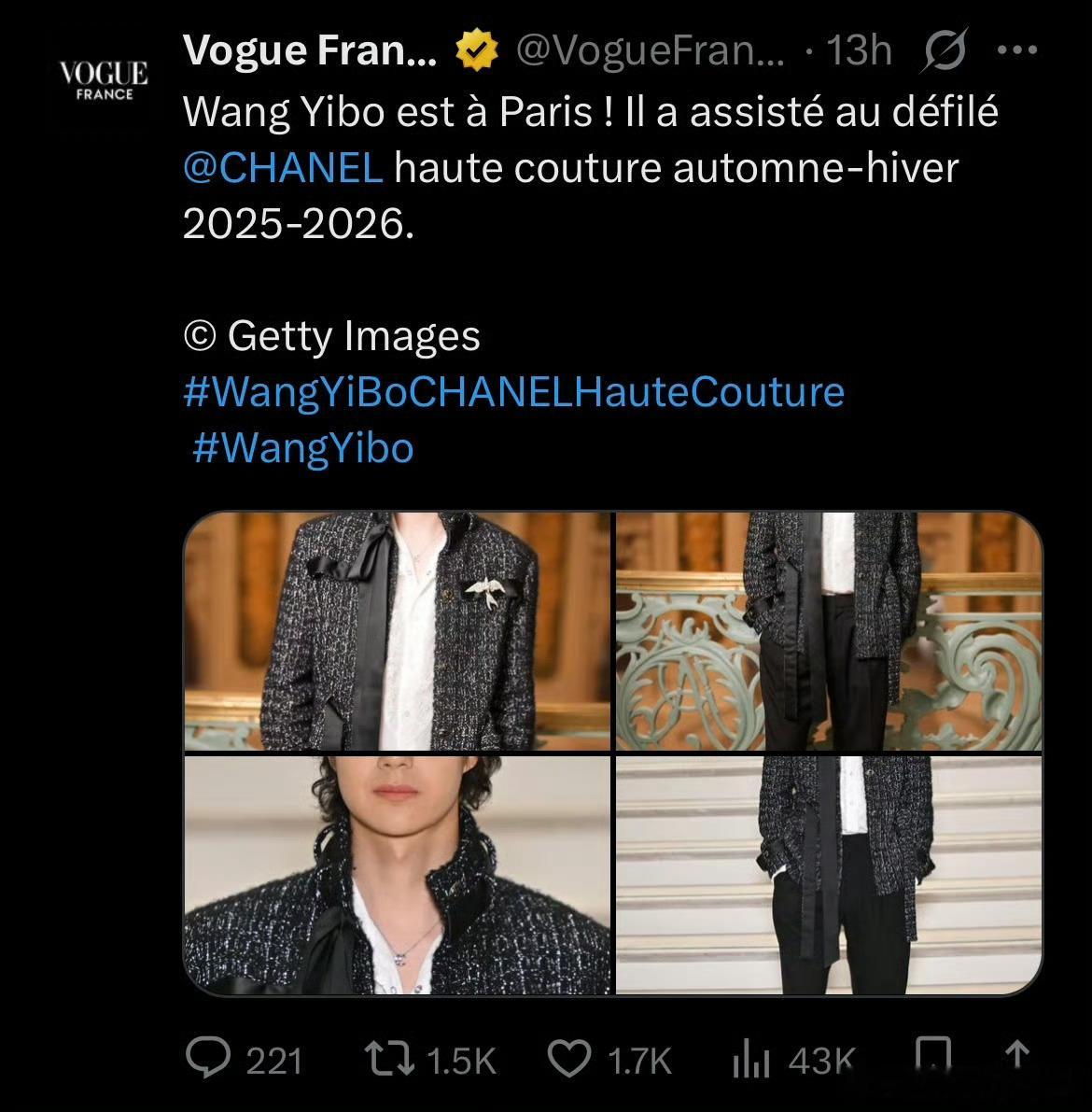 VOGUEFrance官博发布了巴黎高定周唯一一位男明星王一博，也是亚洲首位