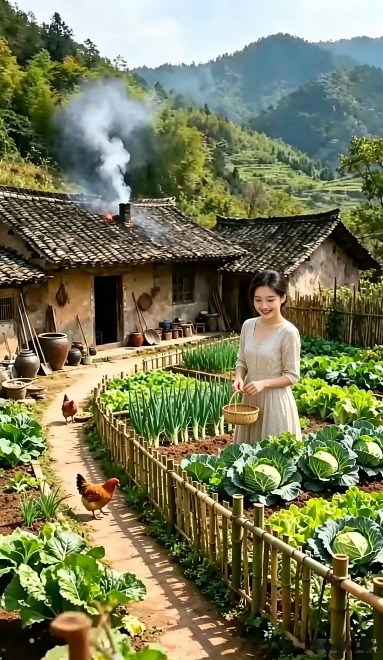 青山层层叠起绿浪老屋的烟囱漫出柔软炊烟瓦檐接住山野的日光陶罐静立在阶前，盛