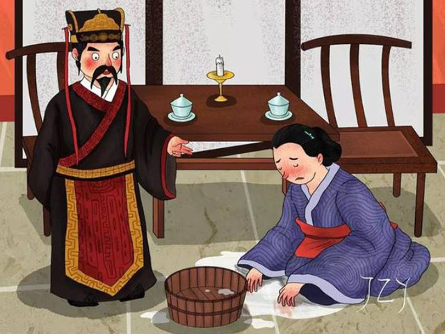 “覆水难收”的典故：西汉有一位名叫朱买臣的人，四十多岁依旧穷困潦倒，刚开始夫