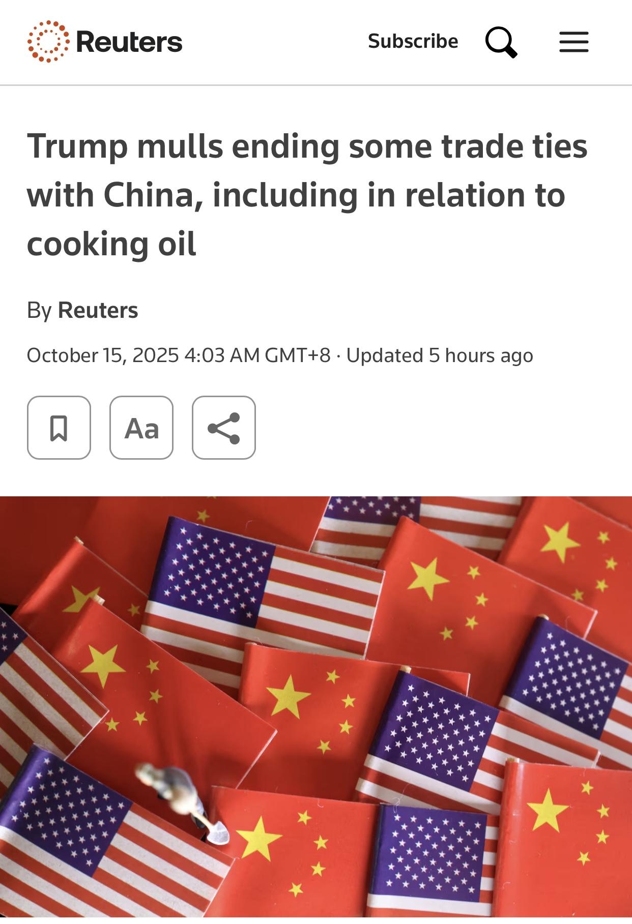 路透社：特朗普威胁终止部分中美贸易关系路透华盛顿10月14日电-：美国总统
