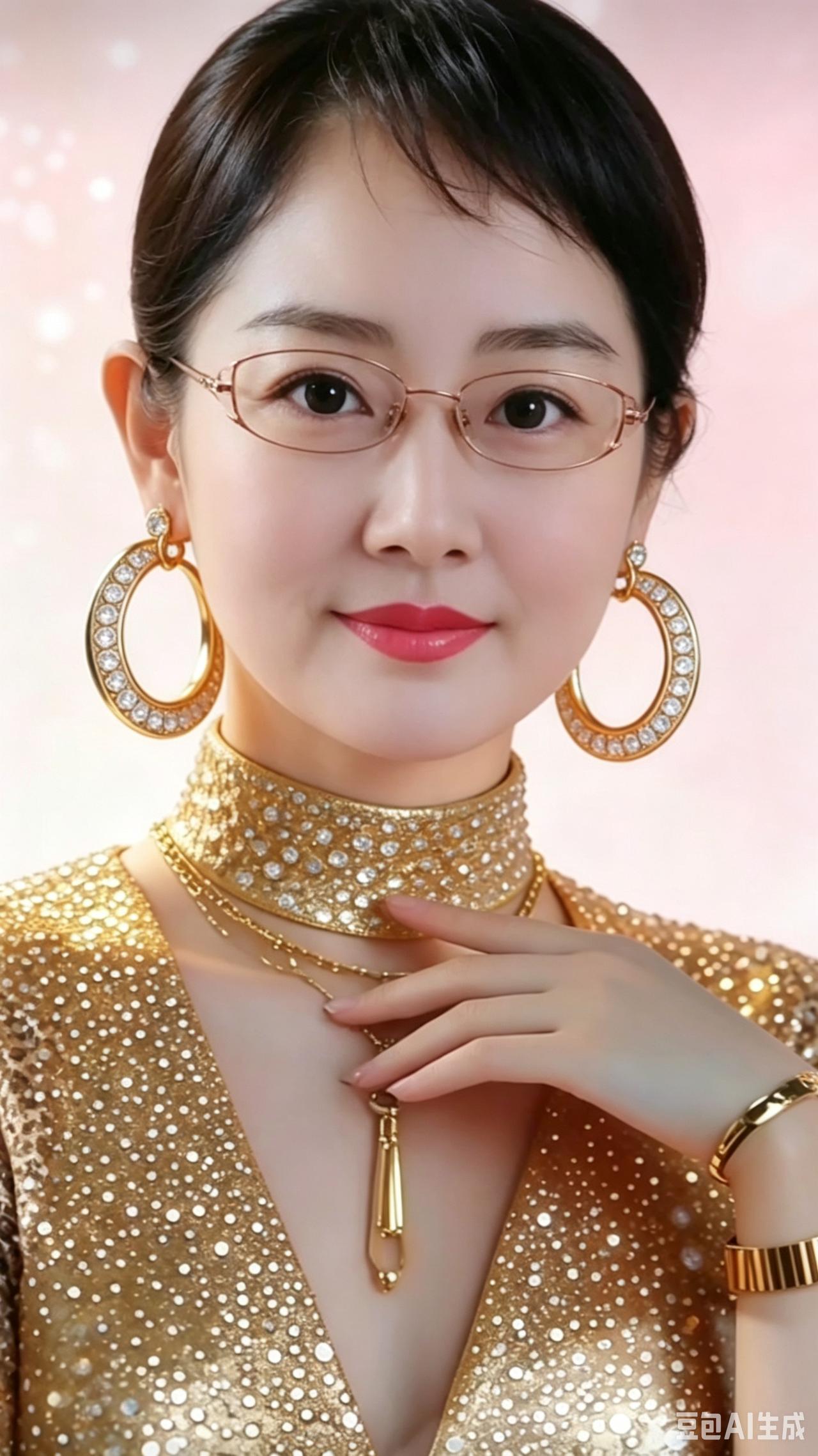 金衣雅韵金缕流光映玉容，珠环翠绕韵无穷。历经岁月风华在，浅笑嫣然胜彩