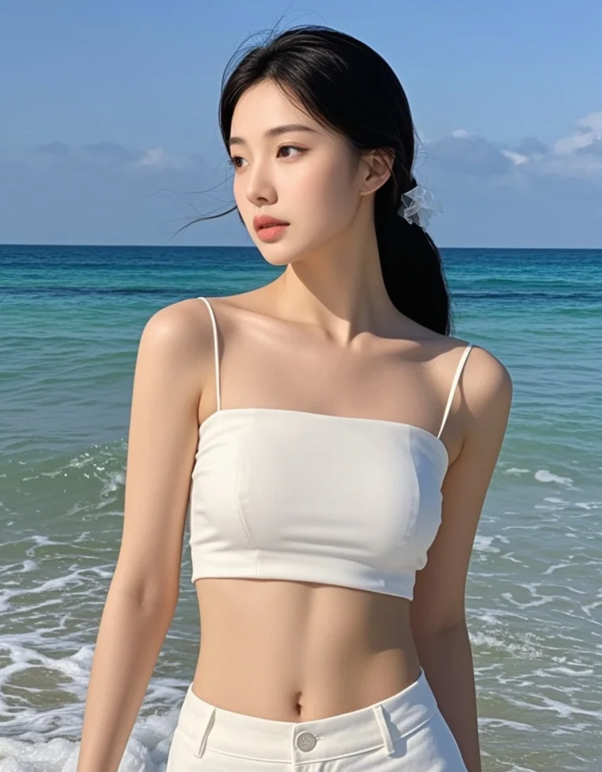 她穿着吊带裙站在浪花里，美得让人移不开眼