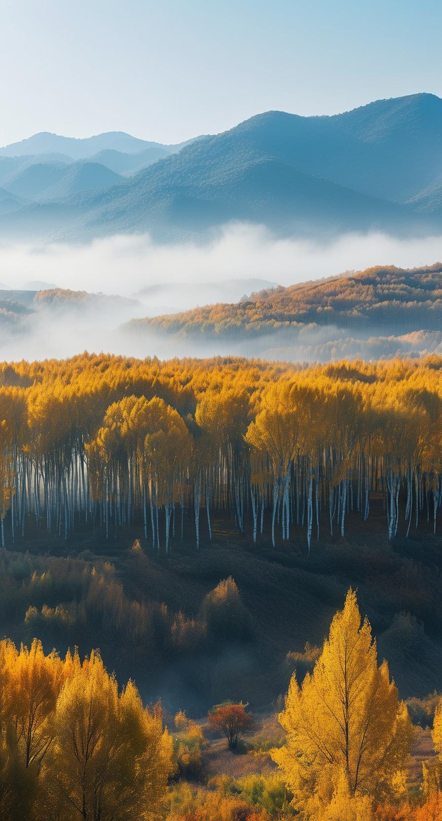 秋日生活打卡季秋日森林，金黄色的树木在晨雾中若隐若现，宛如童话世界。