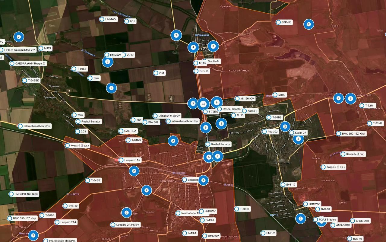 根据地理定位绘制的乌军坦克装甲车辆在红军城方向的损失，可谓触目惊心。仅在连接红军