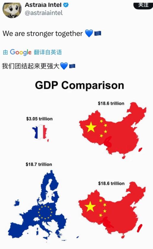 面对中国整个欧盟都“心虚了”一位法国网友想要拿法国的GDP与中国对比，结果发现