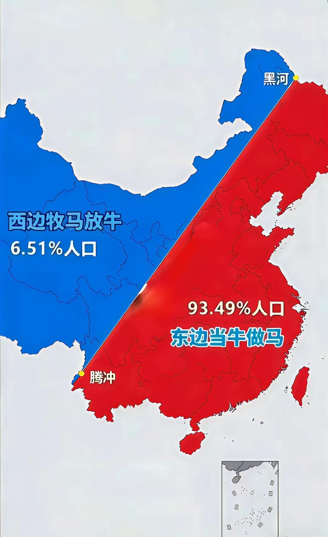 这图太形象了，黑河腾冲西边的人，牧马放牛，生活美滋滋，而东边的人当牛做马，生活过